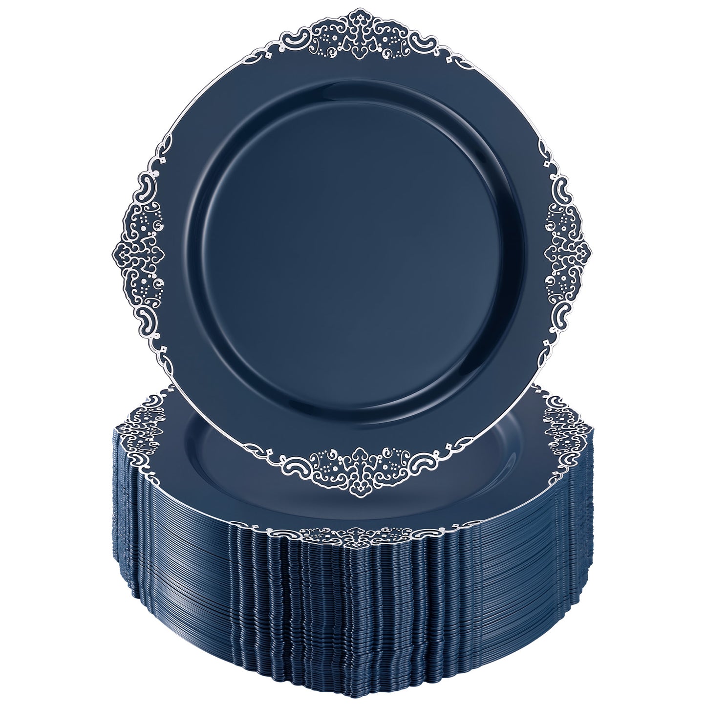 Goodluck 100PCS Heavy Duty Disposable Navy Blue Plastic Plates with Vintage Silver Trim for Weddings, Parties, Events