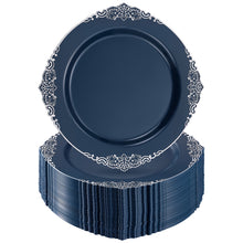Goodluck 100PCS Heavy Duty Disposable Navy Blue Plastic Plates with Vintage Silver Trim for Weddings, Parties, Events