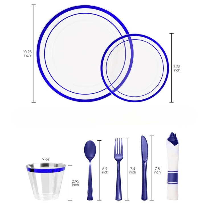 Goodluck 350 Piece Disposable Clear with Double Blue Rim Plastic Dinnerware Set for 50 Guests