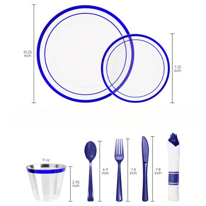 Goodluck 350 Piece Disposable Clear with Double Blue Rim Plastic Dinnerware Set for 50 Guests