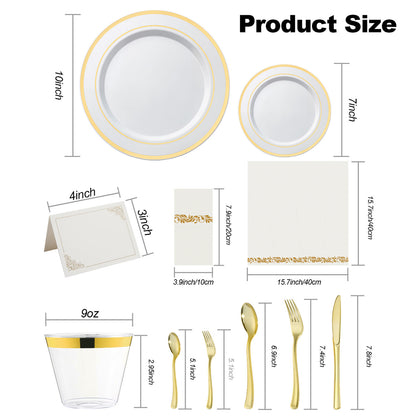 Goodluck  Disposable Elegant Gold Plastic Dinnerware Set for Weddings, Parties, Graduation, Includes: Plates, Place Cards, Cups,  Spoons, Forks, Knives, Napkins