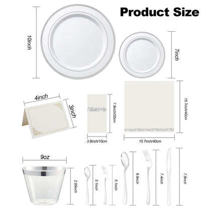 Goodluck  Disposable Elegant Silver Plastic Dinnerware Set for Weddings, Parties, Graduation, Includes: Plates, Place Cards, Cups,  Spoons, Forks, Knives, Napkins