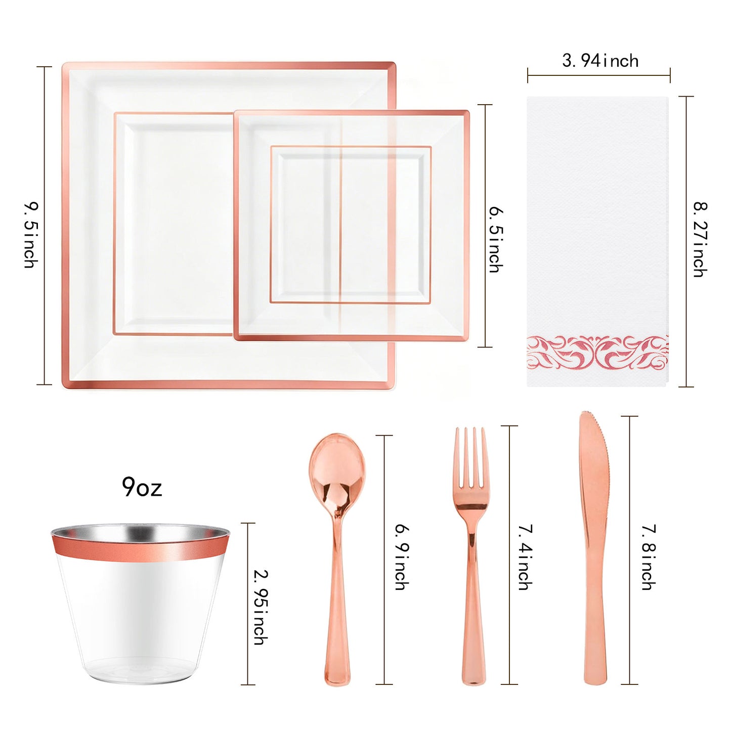 Premium Plastic Tableware for Weddings & Parties with Square Clear Base Rose Gold Rim Plates and Rose Gold Cutlery