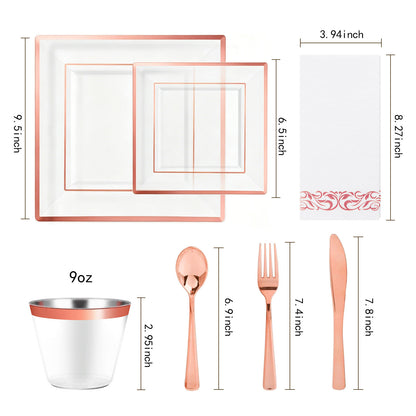 Premium Plastic Tableware for Weddings & Parties with Square Clear Base Rose Gold Rim Plates and Rose Gold Cutlery