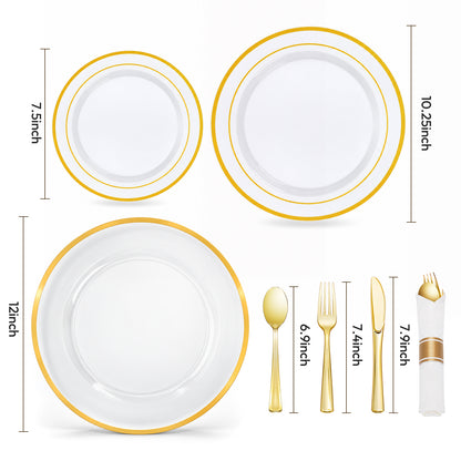 Golden Disposable Dinnerware Set with Charger for  100 Guests, ideal for Wedding, Birthday, Holiday