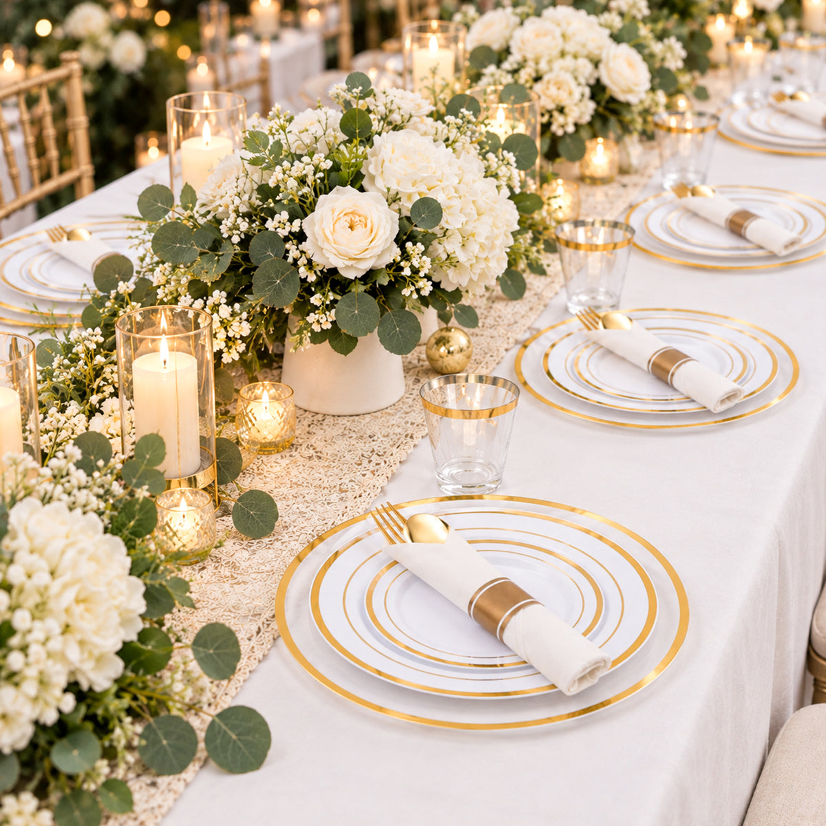 Golden Disposable Dinnerware Set with Charger for  100 Guests, ideal for Wedding, Birthday, Holiday