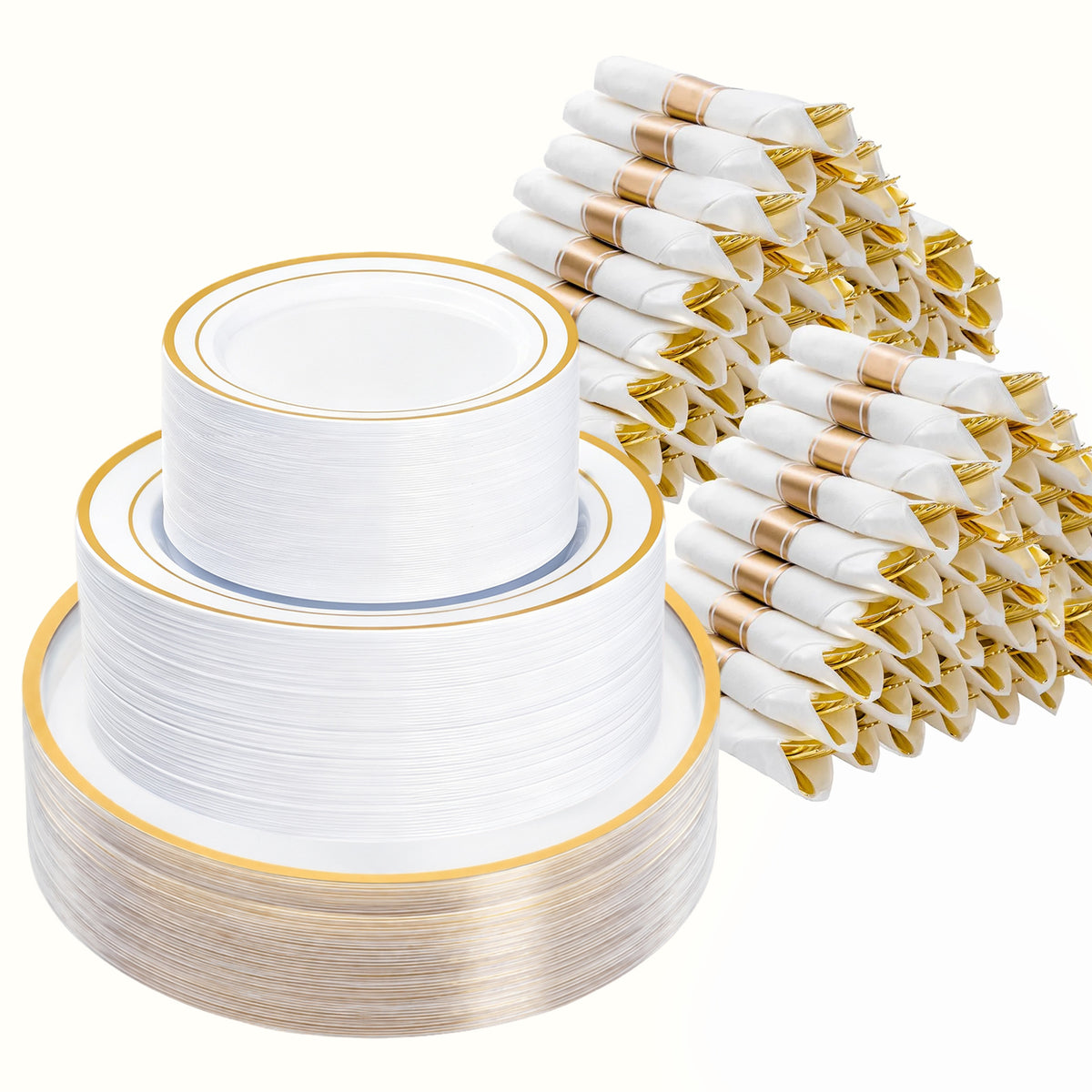 Golden Disposable Dinnerware Set with Charger for  100 Guests, ideal for Wedding, Birthday, Holiday