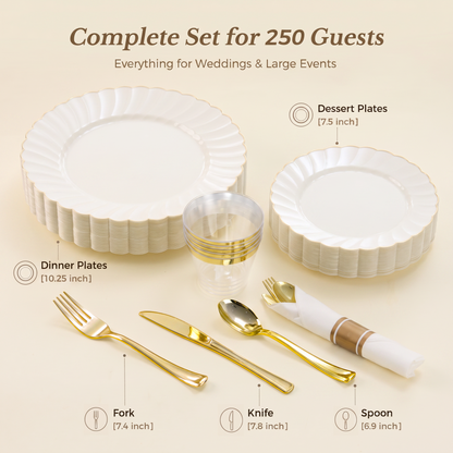 Scalloped Shape with Gold Rim Fancy Dinnerware Set for Elegant for Weddings, Birthdays & Holidays