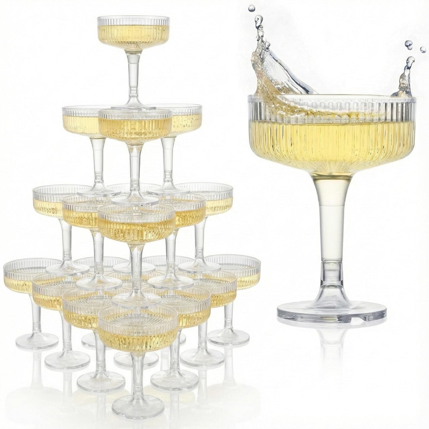 Goodluck 4-Tier Champagne Tower - 20 PCS 7oz Clear Plastic Champagne Flutes, Butterfly Shape with Vertical Stripes for Weddings, Celebrations, Parties & Birthdays