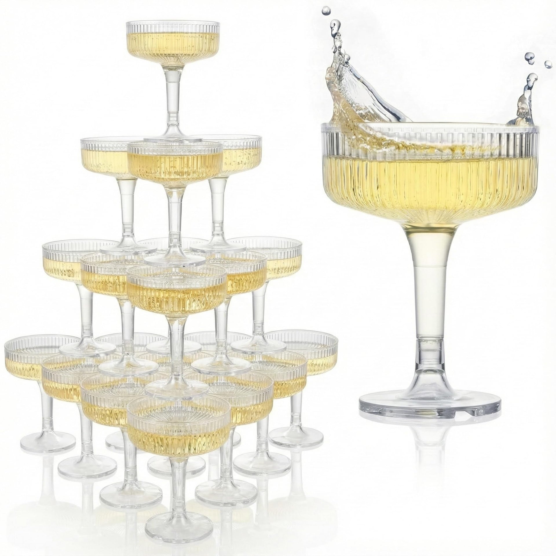 4-Tier Champagne Tower - 7oz Clear Plastic Champagne Flutes, Butterfly Shape with Vertical Stripes for Weddings, Celebrations, Parties & Birthdays
