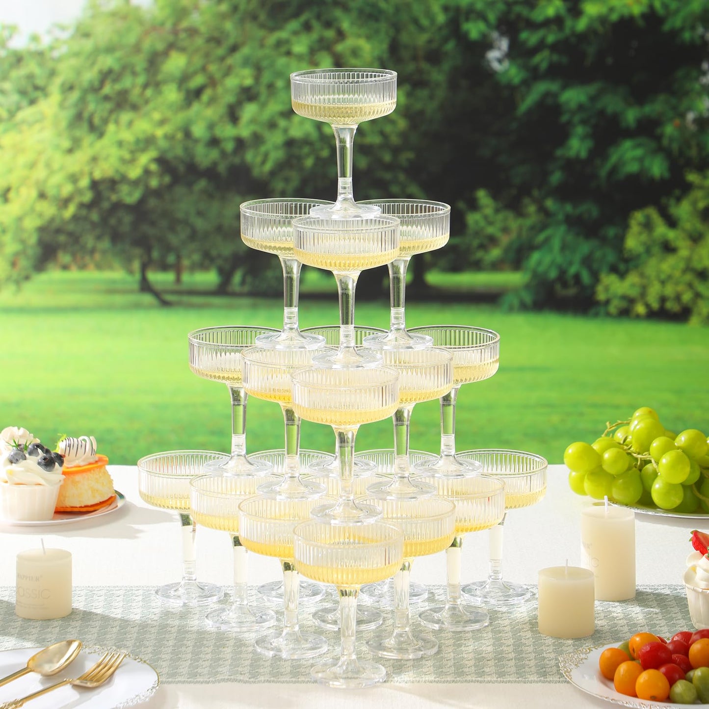 Goodluck 4-Tier Champagne Tower - 20 PCS 7oz Clear Plastic Champagne Flutes, Butterfly Shape with Vertical Stripes for Weddings, Celebrations, Parties & Birthdays