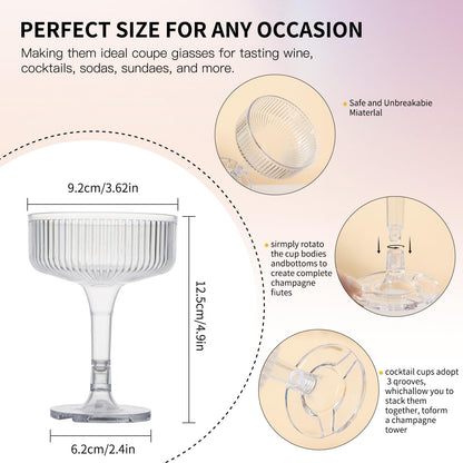 Goodluck 4-Tier Champagne Tower - 20 PCS 7oz Clear Plastic Champagne Flutes, Butterfly Shape with Vertical Stripes for Weddings, Celebrations, Parties & Birthdays