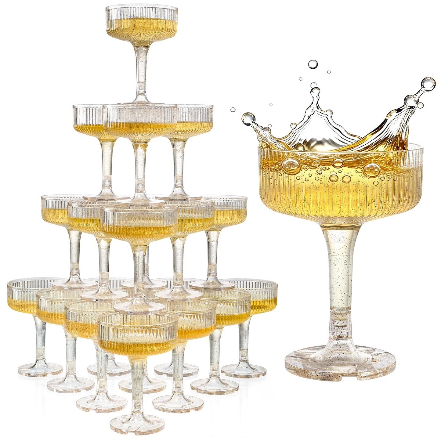 Goodluck 4-Tier Champagne Tower - 20 PCS 7oz Glitter Gold Plastic Champagne Flutes, Butterfly Shape with Vertical Stripes for Weddings, Celebrations, Parties & Birthdays