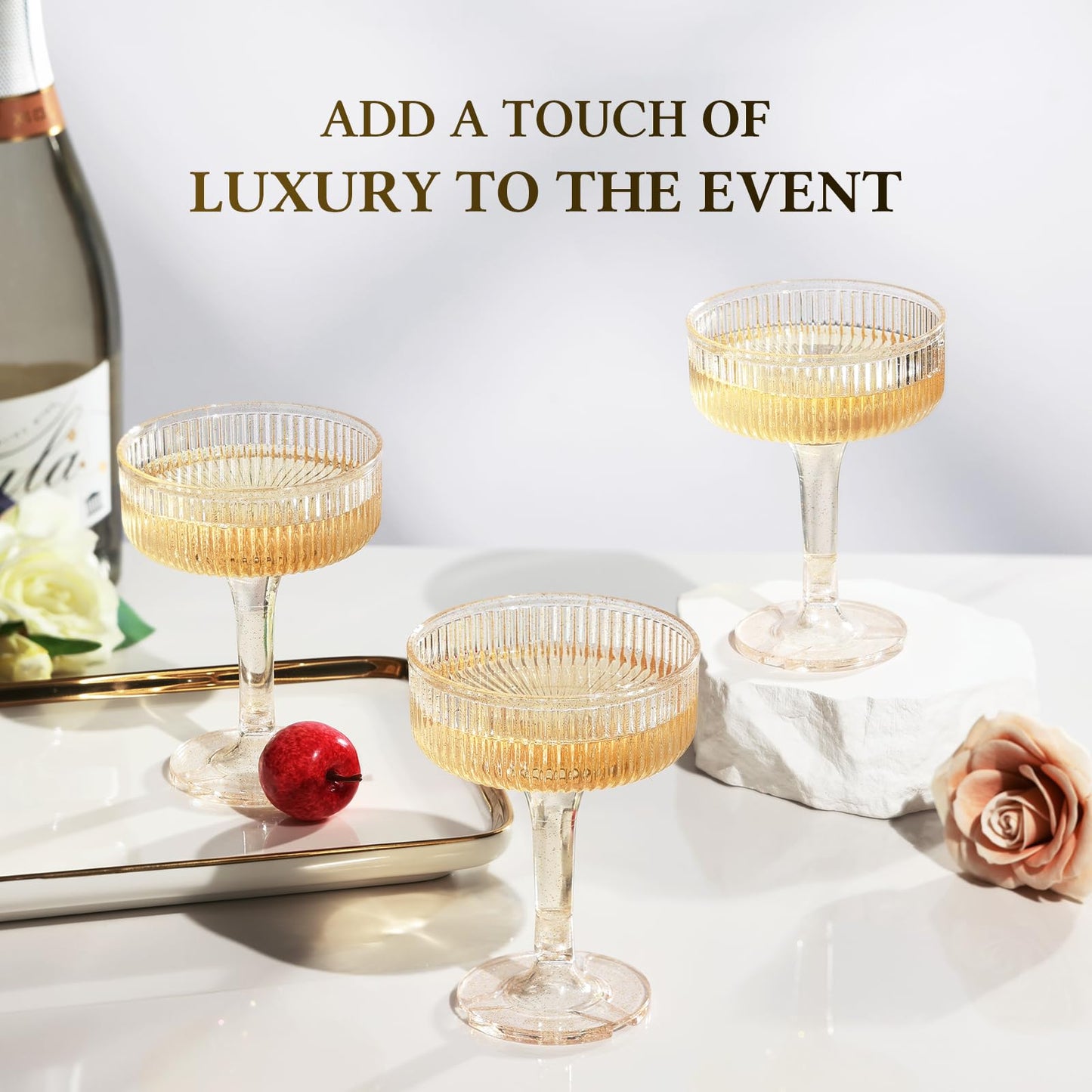 Goodluck 4-Tier Champagne Tower - 20 PCS 7oz Glitter Gold Plastic Champagne Flutes, Butterfly Shape with Vertical Stripes for Weddings, Celebrations, Parties & Birthdays