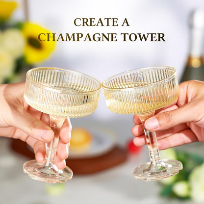 Goodluck 4-Tier Champagne Tower - 20 PCS 7oz Glitter Gold Plastic Champagne Flutes, Butterfly Shape with Vertical Stripes for Weddings, Celebrations, Parties & Birthdays