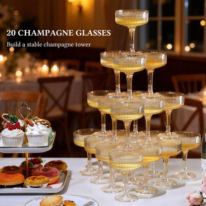 Goodluck 4-Tier Champagne Tower - 20 PCS 7oz Glitter Gold Plastic Champagne Flutes, Butterfly Shape with Vertical Stripes for Weddings, Celebrations, Parties & Birthdays