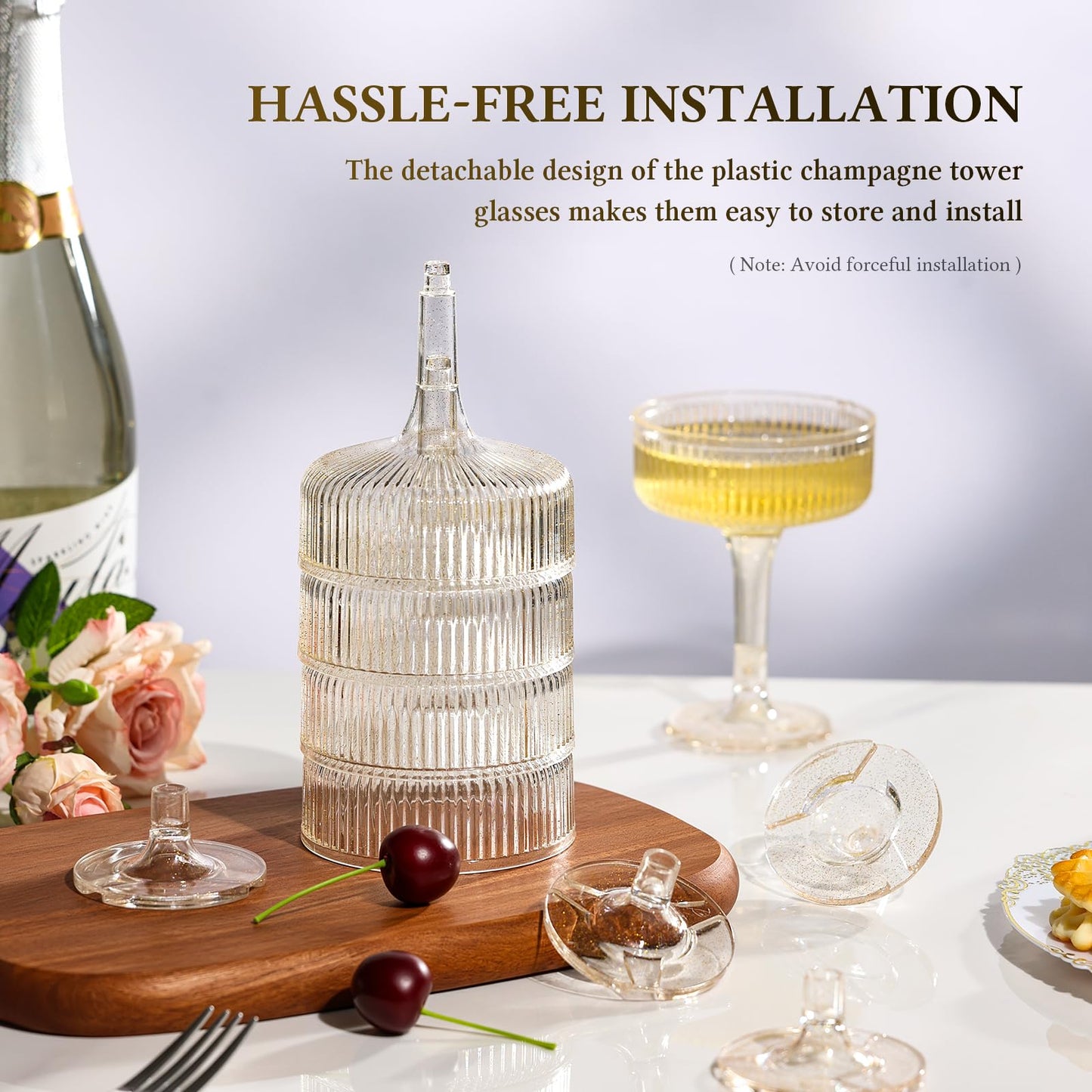 Goodluck 4-Tier Champagne Tower - 20 PCS 7oz Glitter Gold Plastic Champagne Flutes, Butterfly Shape with Vertical Stripes for Weddings, Celebrations, Parties & Birthdays