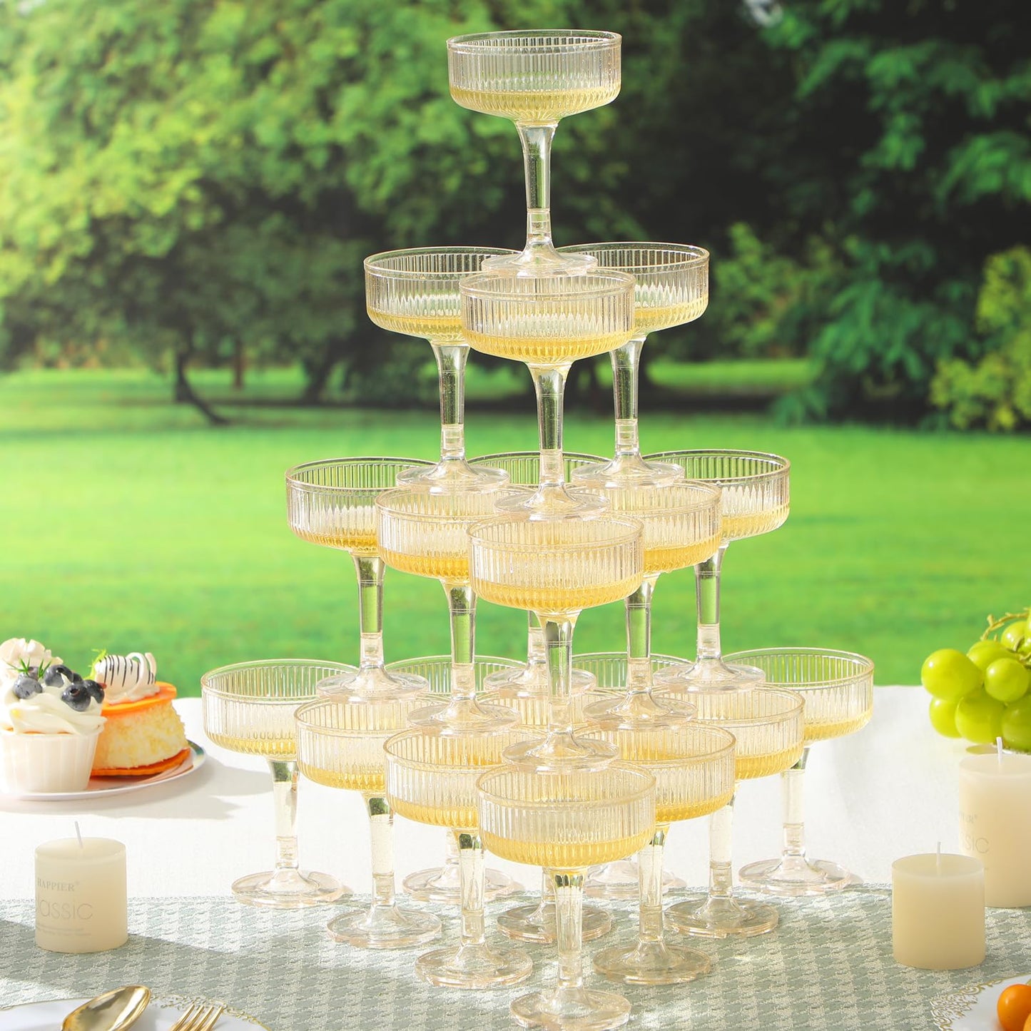 Goodluck 4-Tier Champagne Tower - 20 PCS 7oz Glitter Gold Plastic Champagne Flutes, Butterfly Shape with Vertical Stripes for Weddings, Celebrations, Parties & Birthdays