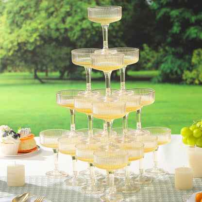 Goodluck 4-Tier Champagne Tower - 20 PCS 7oz Glitter Gold Plastic Champagne Flutes, Butterfly Shape with Vertical Stripes for Weddings, Celebrations, Parties & Birthdays