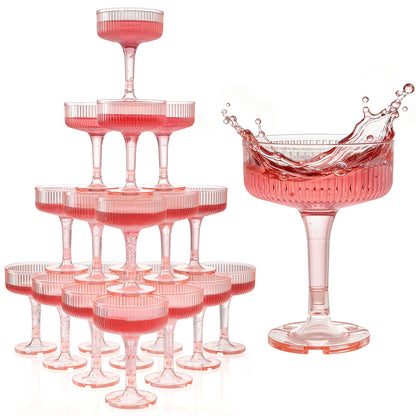 Goodluck 4-Tier Champagne Tower - 20 PCS 7oz Pink Plastic Champagne Flutes, Butterfly Shape with Vertical Stripes for Weddings, Celebrations, Parties & Birthdays