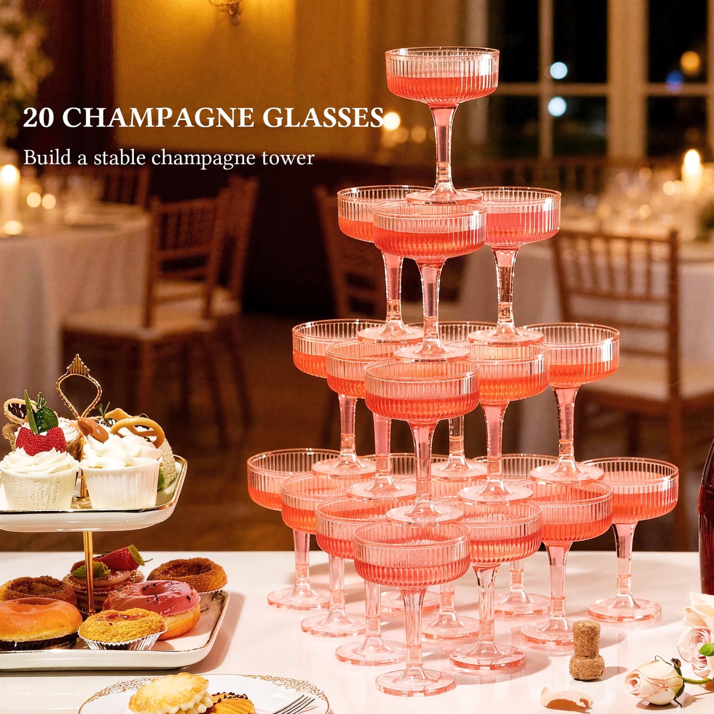 Goodluck 4-Tier Champagne Tower - 20 PCS 7oz Pink Plastic Champagne Flutes, Butterfly Shape with Vertical Stripes for Weddings, Celebrations, Parties & Birthdays