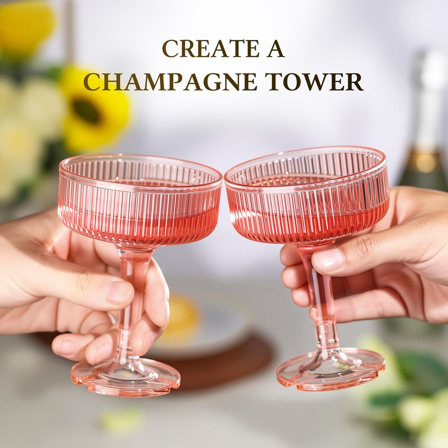 Goodluck 4-Tier Champagne Tower - 20 PCS 7oz Pink Plastic Champagne Flutes, Butterfly Shape with Vertical Stripes for Weddings, Celebrations, Parties & Birthdays