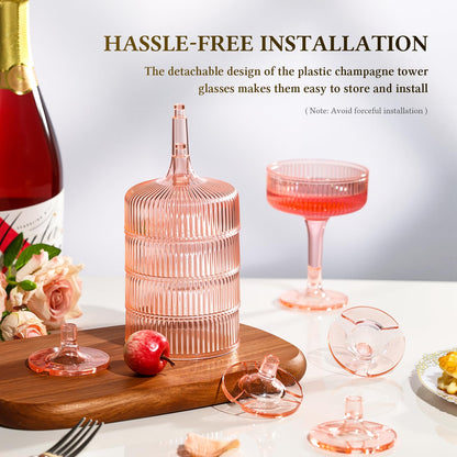 Goodluck 4-Tier Champagne Tower - 20 PCS 7oz Pink Plastic Champagne Flutes, Butterfly Shape with Vertical Stripes for Weddings, Celebrations, Parties & Birthdays