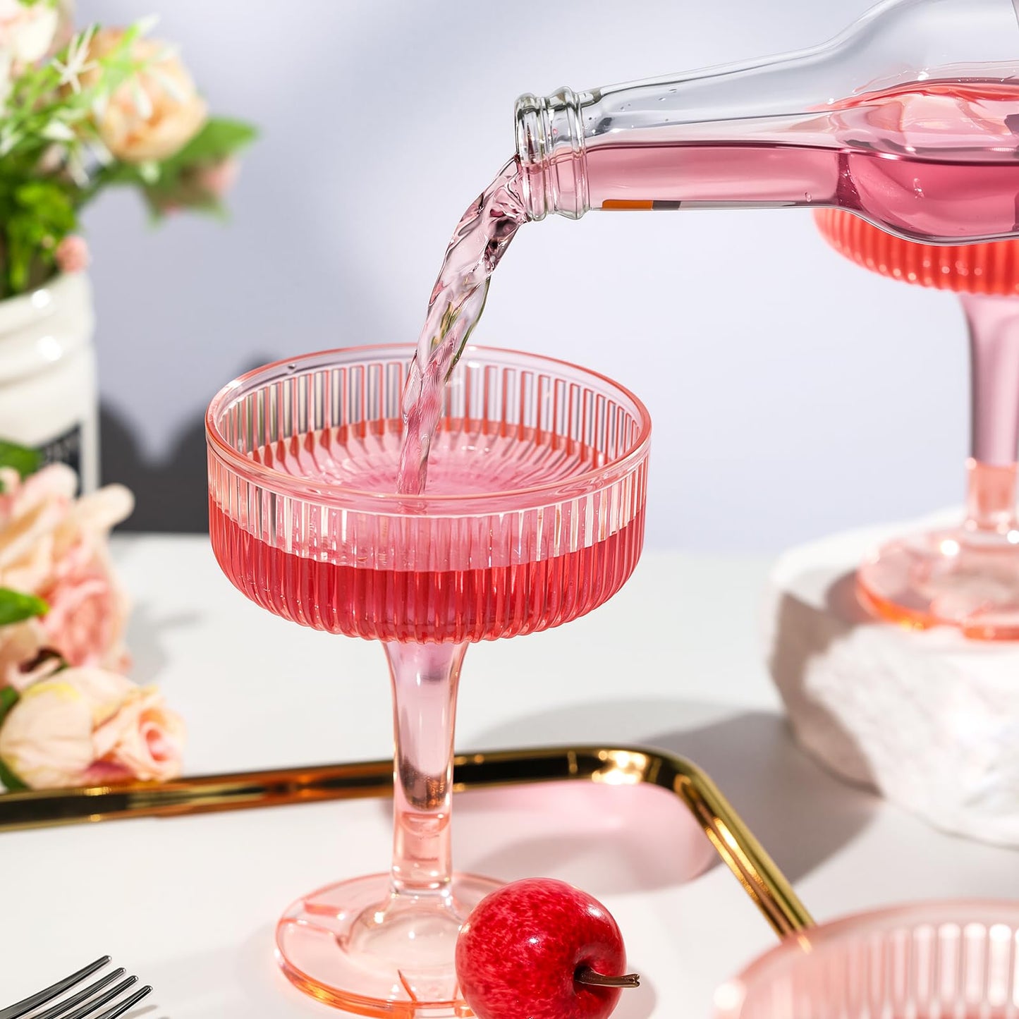 Goodluck 4-Tier Champagne Tower - 20 PCS 7oz Pink Plastic Champagne Flutes, Butterfly Shape with Vertical Stripes for Weddings, Celebrations, Parties & Birthdays