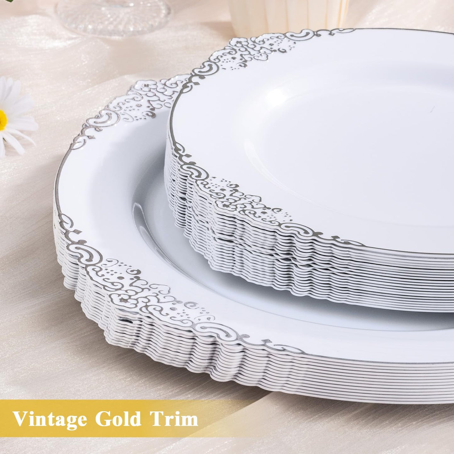 100PCS 10.25-inch Disposable Heavy Duty Vintage Plastic Plates for Wedding, Party, and Daily Use