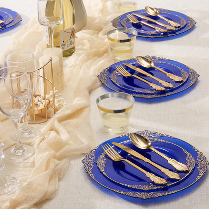 Heavy Duty Elegant Vintage Plastic Plates with Cutlery Set for Wedding, Bridal Shower, Anniversary