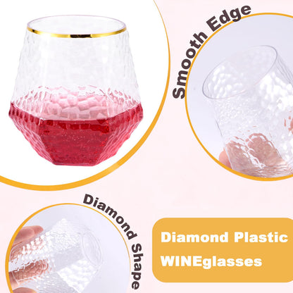 12 Oz Hammered Diamond Stemless Plastic Wine Glasses for Weddings, Birthday Parties, Family Gatherings, Bars