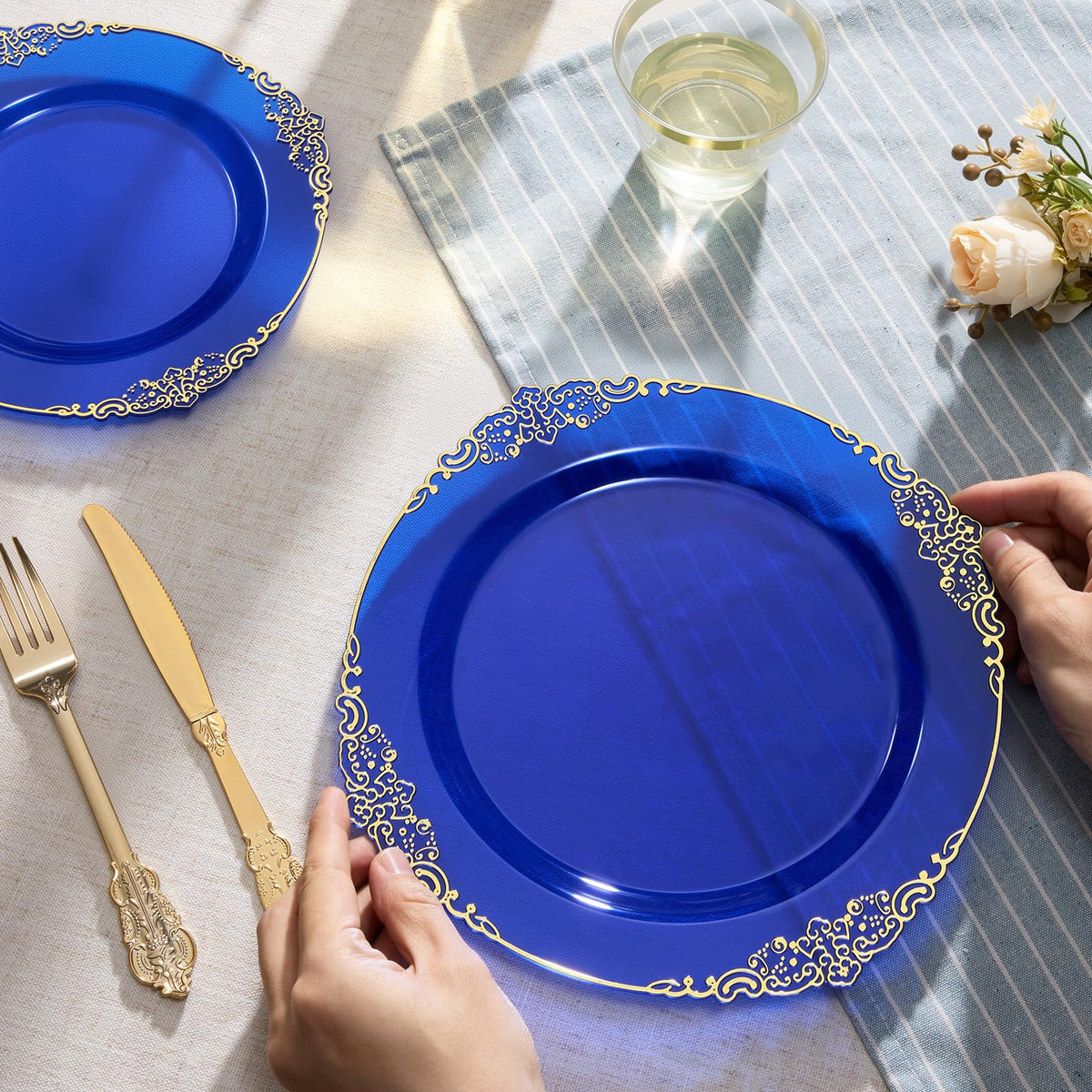 Heavy Duty Elegant Vintage Plastic Plates with Cutlery Set for Wedding, Bridal Shower, Anniversary