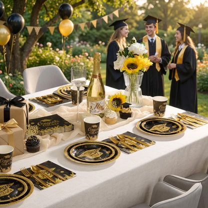Graduation Party Supplies Include 9" & 7" Disposable Graduation Paper Plates, 9oz Cups, Napkins & Cutlery