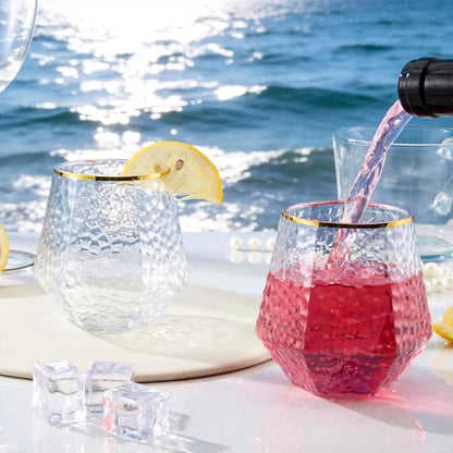 12 Oz Hammered Diamond Stemless Plastic Wine Glasses for Weddings, Birthday Parties, Family Gatherings, Bars