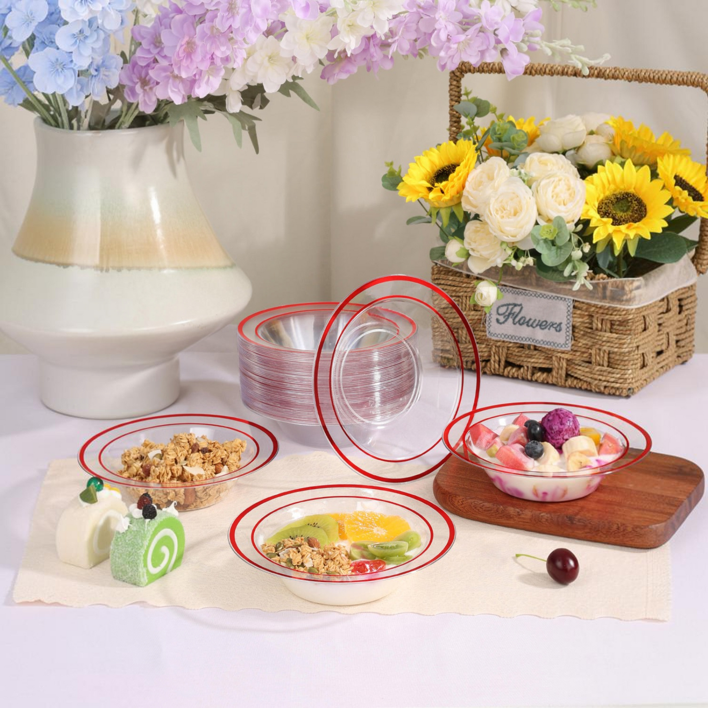 Durable and Sturdy 12-Ounce Disposable Bowls with Gold Spoon for ice cream, soup, fruit, and daily use