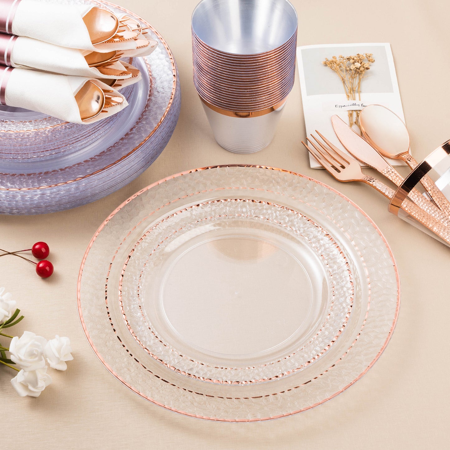 Goodluck 350PCS Disposable Veined Clear with Rose Gold Trim Dinnerware Set for 50 Guests