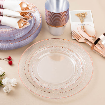 Goodluck 350PCS Disposable Veined Clear with Rose Gold Trim Dinnerware Set for 50 Guests