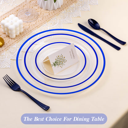 Goodluck 12 Inch Disposable Clear with Blue Rim Charger Plates for Party, Wedding, Dinner