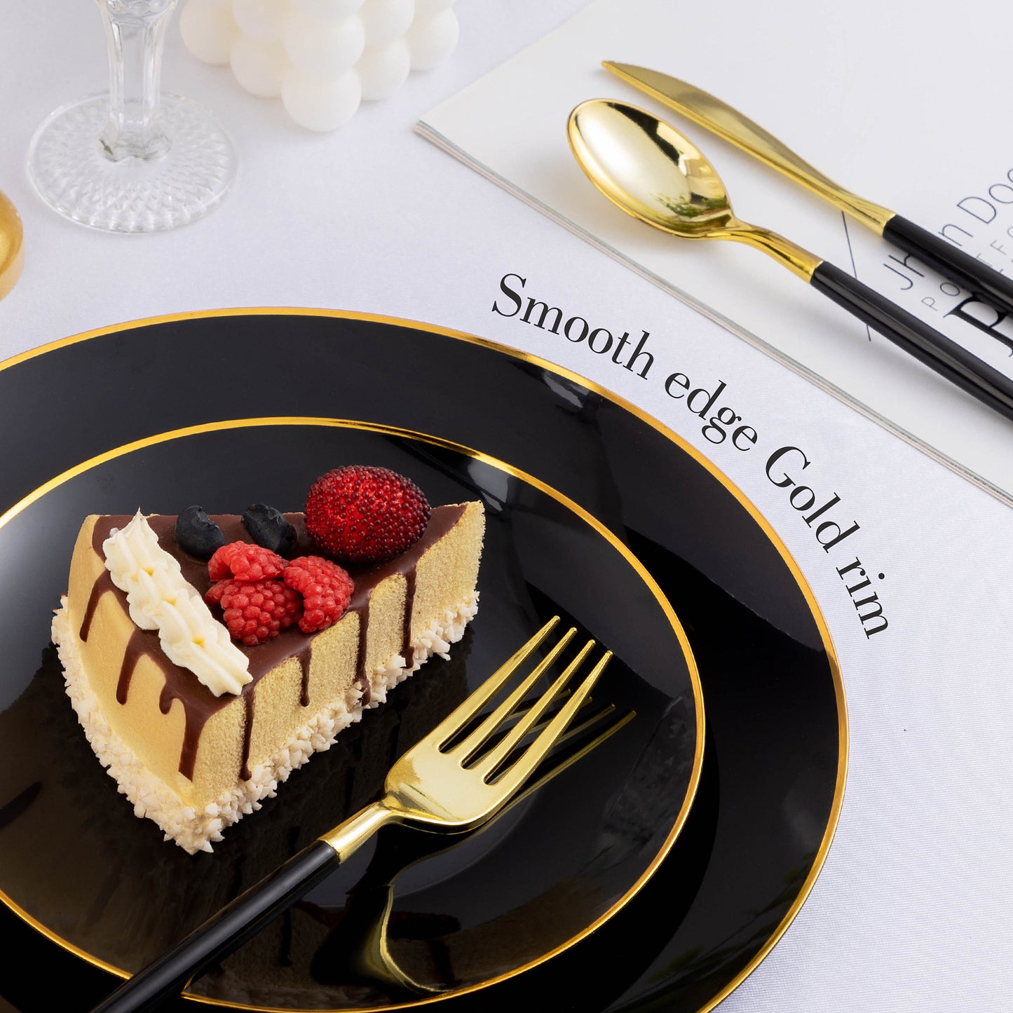 Goodluck 350 Pieces Disposable Black with Gold Rim Plastic Dinnerware Set