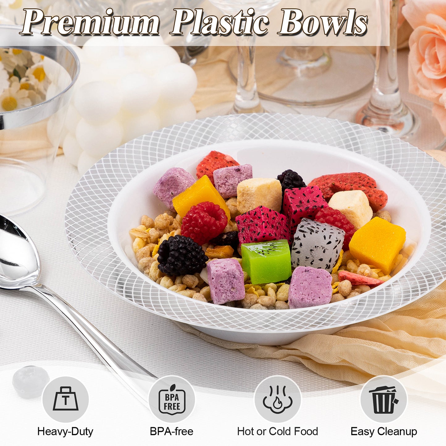 Goodluck 12oz Disposable Heavy Duty Plastic Bowls with Silver Rim for Parties, Weddings, and Everyday Use