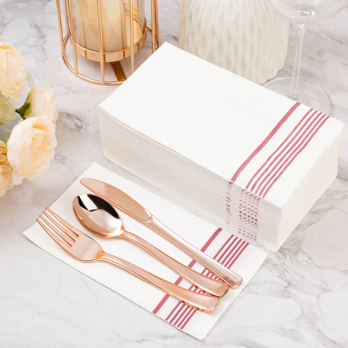 Goodluck 100 Pack 3-Ply Disposable Soft Absorbent Paper Napkins with Rose Gold Trim Lined for Dinners, Kitchen or Events