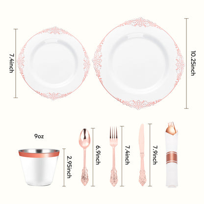 Vintage Disposable Plastic Dinnerware Sets with Gold Pattern Rim