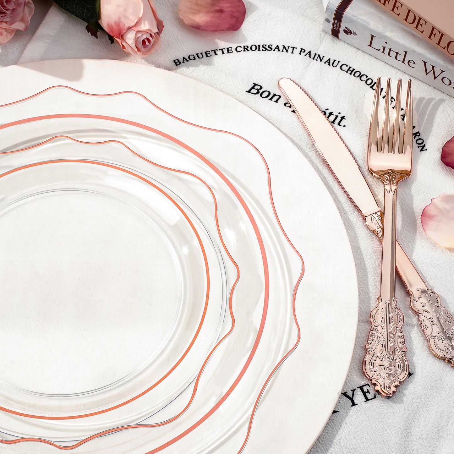 Goodluck 350 PCS Disposable Scallop Clear and Rose Gold Plastic Dinnerware Set for 50 Guests