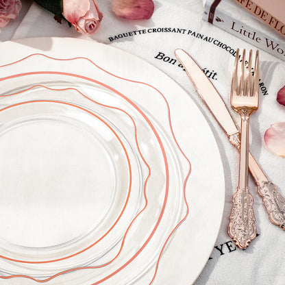 Goodluck 350 PCS Disposable Scallop Clear and Rose Gold Plastic Dinnerware Set for 50 Guests