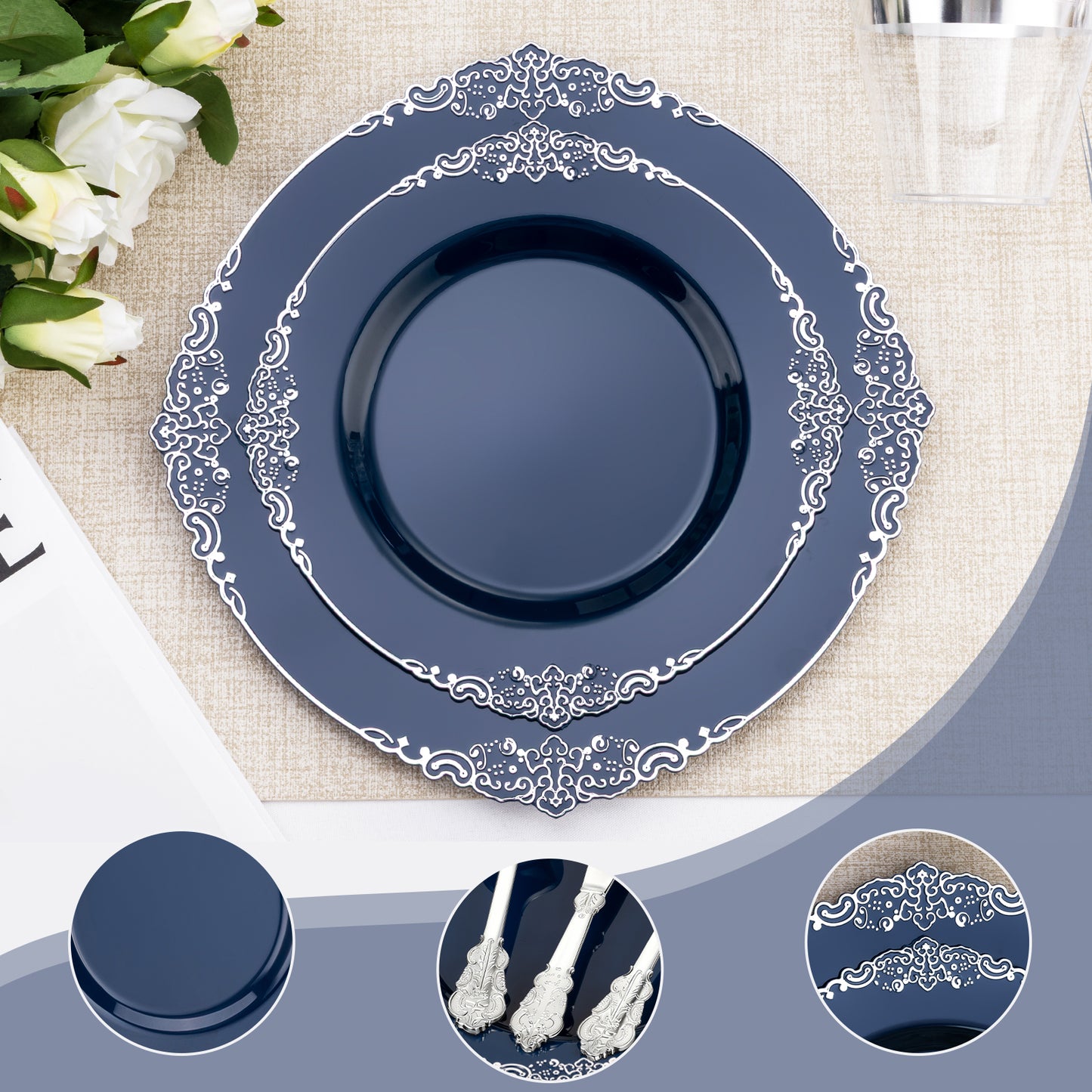 Goodluck 350PCS Disposable Navy Blue Plastic Dinnerware Sets for Party, Wedding and Graduation