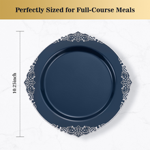 Goodluck 100PCS Heavy Duty Disposable Navy Blue Plastic Plates with Vintage Silver Trim for Weddings, Parties, Events