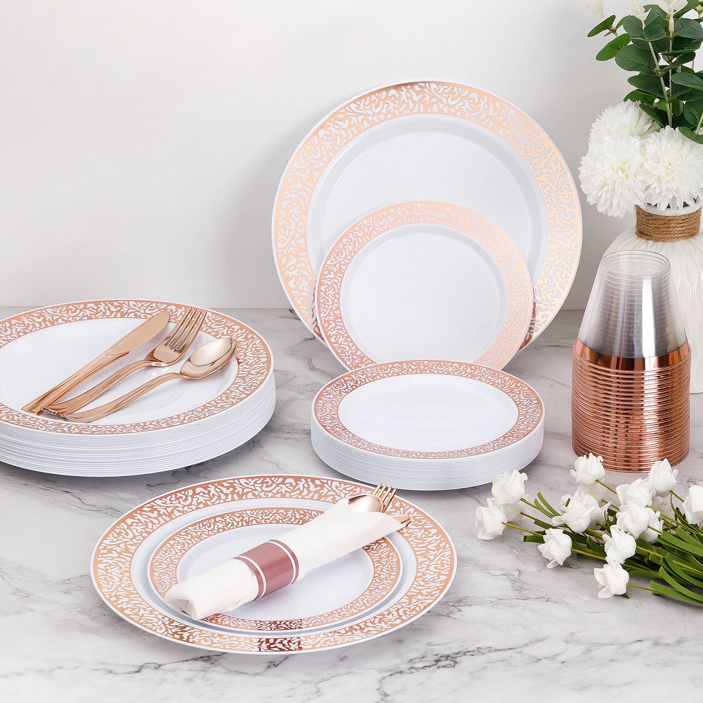 Goodluck 350 Piece Disposable Lace Rose Gold Plastic Dinnerware Set