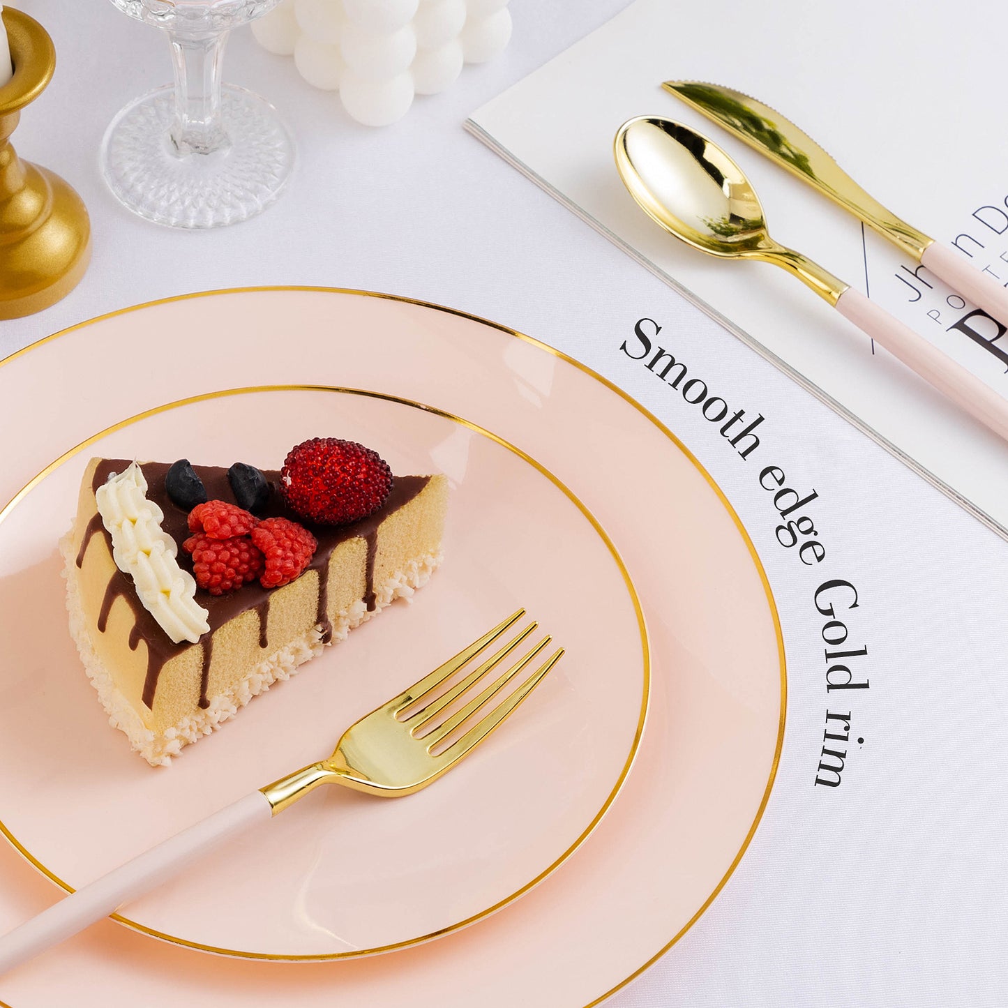 Goodluck 350 Pieces Disposable Pink with Gold Rim Plastic Dinnerware Set