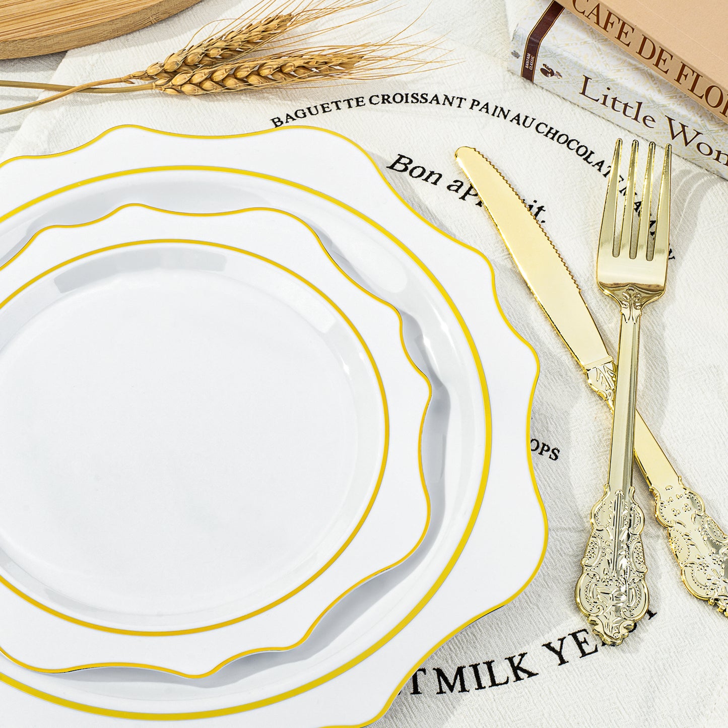 Goodluck 350 PCS Disposable Scallop White and Gold Plastic Dinnerware Set for 50 Guests