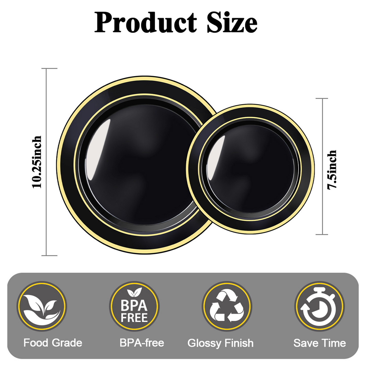 Goodluck Premium Disposable Black with Gold Rim Plastic Plates Set for Party, Wedding, Holiday, and Halloween